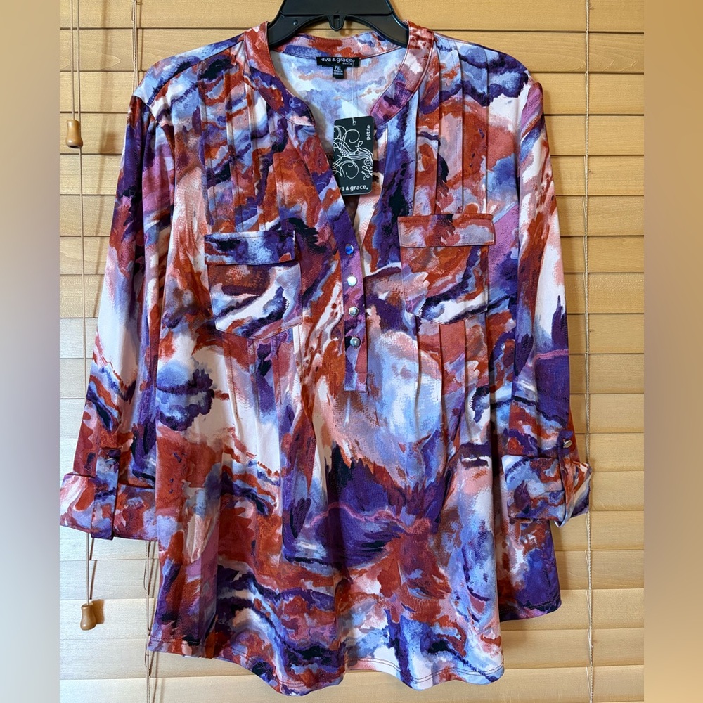 Ava & Grace NWT Purple Red Graphic Blouse with Mandarin Collar. Size PXL - Picture 9 of 9